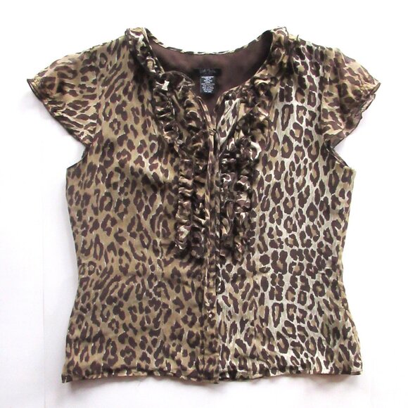 Bob Mackie Studio Women Blouse/Top Leopard Print Chiffon Ruffles Lined Sheer - Picture 1 of 14